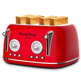4 Slice Retro Toaster, Dual Control Toaster, 6 Settings, Bagel, Defrost, Removable Crumb Tray, Stainless Steel Housing, 1650W, Red